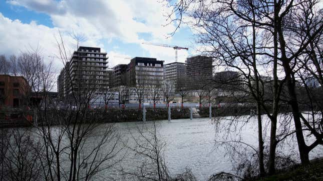 The Olympic athletes’ village construction site is pictured in Saint Denis, outside Paris, on Saturday, March 18, 2023. 