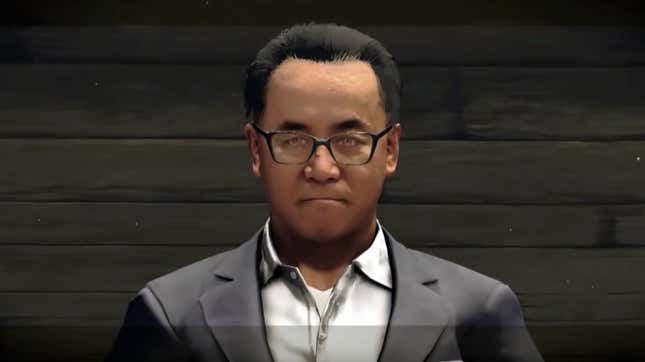 A video game version of the Square Enix CEO looks directly at the camera. 