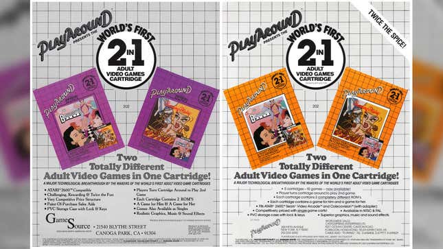 Two flyers for a 2-in-1 adult video game cartridge are very similar, yet have different branding.