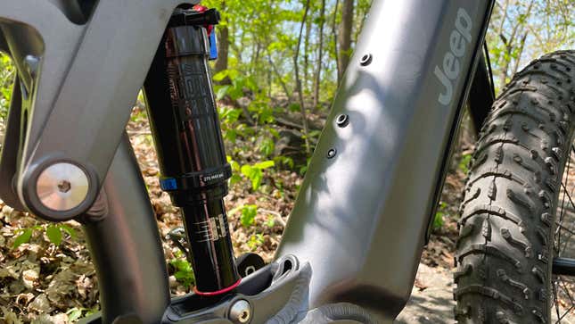 A photo of the rear suspension on the Jeep e-bike. 