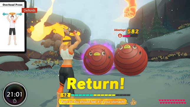 a woman raises a ring to launch fire at evil balls in ring fit adventure for the nintendo switch - best switch games