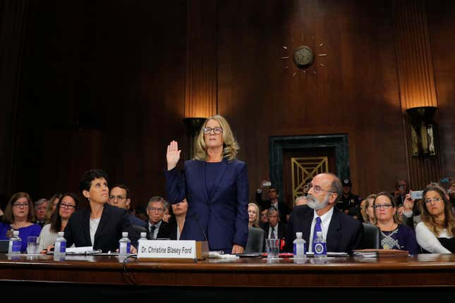 Professor Christine Blasey Ford, who accused U.S. Supreme Court nominee Brett Kavanaugh of a sexual assault in 1982, is sworn in to testify before a Senate Judiciary Committee confirmation hearing for Kavanaugh on Capitol Hill, September 27, 2018 in Washington, DC.