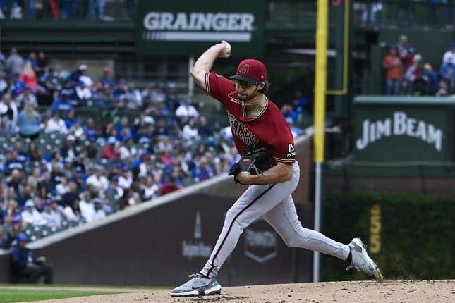 Sep 8, 2023; Chicago, Illinois, USA;  Arizona Diamondbacks starting pitcher Zac Gallen (23) delivers a pitch against the Chicago Cubs during the first inning at Wrigley Field.