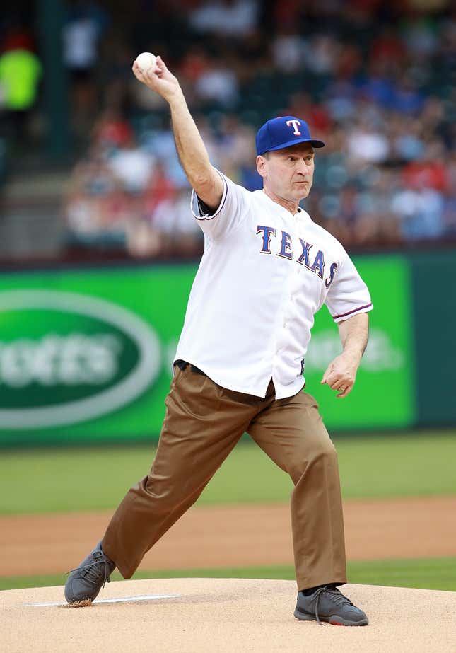 United States Supreme Court Justice Samuel Alito Jr. throws the ceremonial first pitch of the game between the Oakland Athletics and the Texas Rangers at Rangers Ballpark in Arlington on June 19, 2013 in Arlington, Texas.