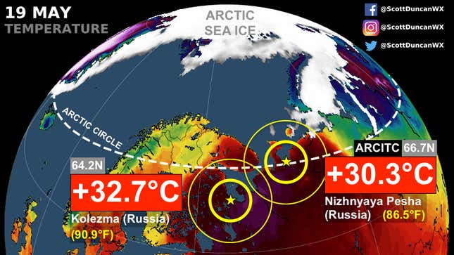 A map of the Arctic showing temperatures well above normal.