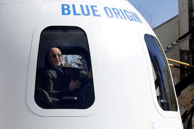 Jeff Bezos is seen inside a Blue Origin spacecraft