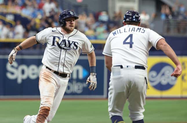 Jun 6, 2023; St. Petersburg, Florida, USA; Tampa Bay Rays right fielder Luke Raley (55) is congratulated by third base coach Brady Williams (4) after he hit a 2-home run against the Minnesota Twins during the fifth inning at Tropicana Field.