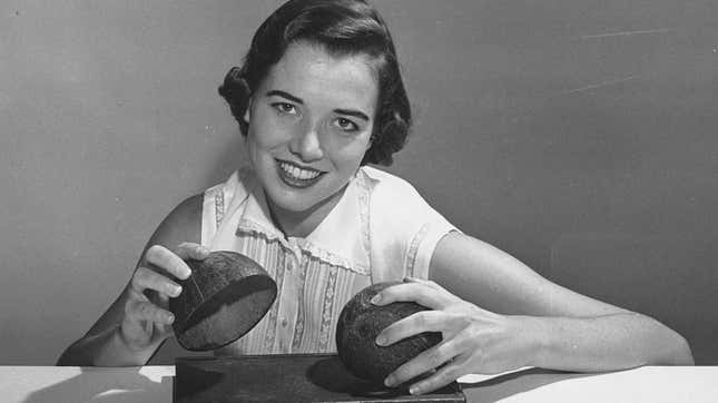 Woman using coconuts to emulate sound of horse's hooves