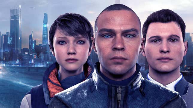 Three androids from the video game Detroit: Become Human, stare blankly at the camera as a futuristic city looms in the background.