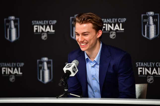 June 5, 2023;  Las Vegas, Nevada, USA;  NHL prospect Connor Beddard talks to the media prior to the second game of the 2023 Stanley Cup Finals at T-Mobile Arena.