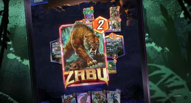 Zabu, a cat-like character in Marvel Snap, is played on the board. 