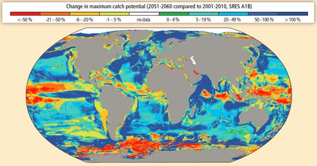 This chart projects global redistribution of around 1,000 commercial fish and invertebrate species and its impact on annual catch weight.