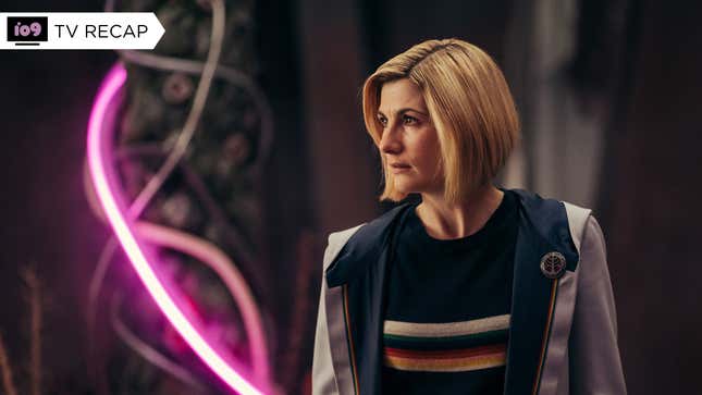 Jodie Whittaker's 13th Doctor glowers in a high-tech control center pulsing with neon pink lighting.