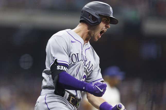 Aug 8, 2023; Milwaukee, Wisconsin, USA;  Colorado Rockies left fielder Nolan Jones (22) reacts after hitting a home run during the seventh inning against the Milwaukee Brewers at American Family Field.