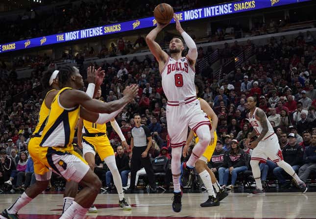 Mar 5, 2023; Chicago, Illinois, USA; Indiana Pacers guard Bennedict Mathurin (00) defends Chicago Bulls guard Zach LaVine (8) during the second quarter at United Center.