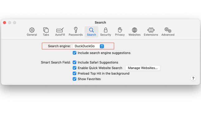 Changing the default search engine in Safari on Mac.