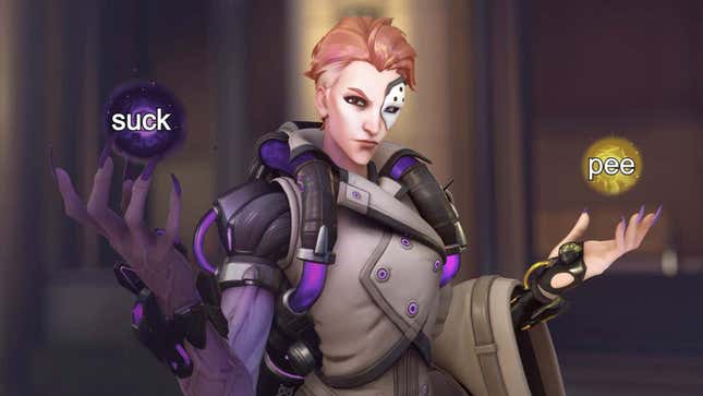 Moira, a healer, wielding a damage orb and healing orb with the words 'suck' and 'pee' on them.