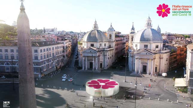 A computer generated image shows a primrose-shaped gazebo for COVID-19 vaccine campaign designed by architect Stefano Boeri in Piazza del Popolo, Rome