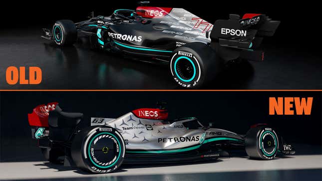 A side by side comparison of the 2022 and 2021 Mercedes F1 cars.