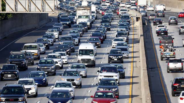 Heavy traffic moves along the 101 freeway on Wednesday morning November 23, 2022 in Los Angeles, California. 