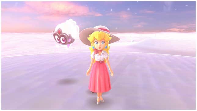 Princess Peach in a white top and frilly pink skirt that are much more casual than her usual princess get-up.