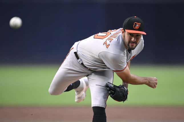 Aug 14, 2023; San Diego, California, USA; Baltimore Orioles starting pitcher Grayson Rodriguez (30) throws a pitch against the San Diego Padres during the first inning at Petco Park.