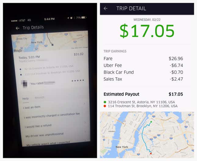 The passenger (left) paid $31.02 for this trip, while the driver (right) saw the fare as $26.96. After Uber’s fee and other deductions, the driver earned $17.05.
