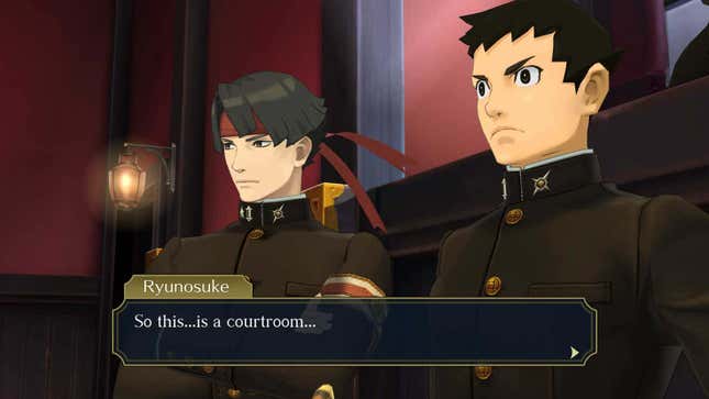 Two male characters in Great Ace Attorney Chronicles, with a text box attributed to Ryunosuke that reads "So this...is a courtroom..."