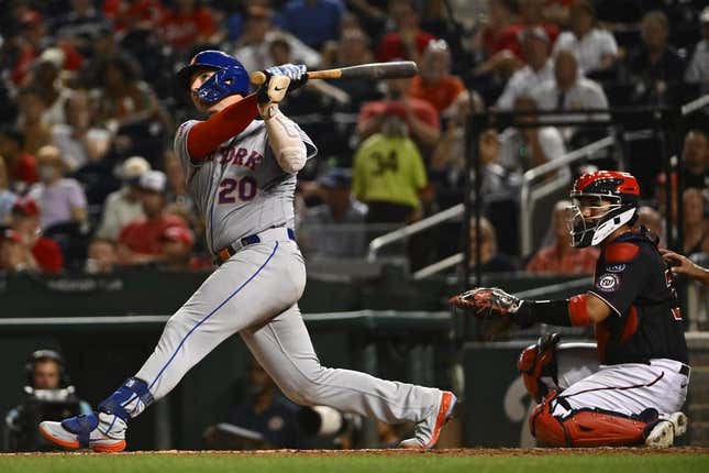 Sep 5, 2023; Washington, District of Columbia, USA; New York Mets first baseman Pete Alonso (20) hits a solo home run against the Washington Nationals during the fifth inning at Nationals Park.
