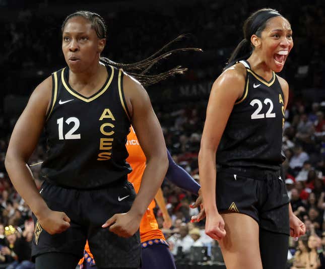 Chelsea Gray #12 and A’ja Wilson #22 of the Las Vegas Aces react after Gray scored and got a foul call against the Connecticut Sun in the third quarter of Game Two of the 2022 WNBA Playoffs finals at Michelob ULTRA Arena on September 13, 2022 in Las Vegas, Nevada. The Aces defeated the Sun 85-71. (Photo by Ethan Miller/Getty Images)