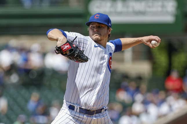 May 5, 2023; Chicago, Illinois, USA; Chicago Cubs starting pitcher Justin Steele (35) pitches against the Miami Marlins during the first inning at Wrigley Field.