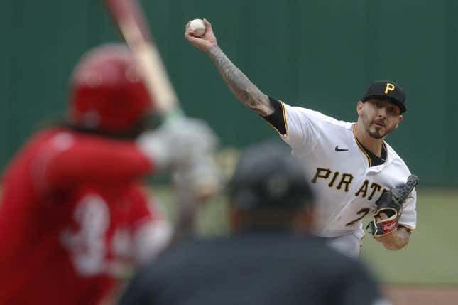 Apr 23, 2023; Pittsburgh, Pennsylvania, USA;  Pittsburgh Pirates starting pitcher Vince Velasquez (27) pitches to Cincinnati Reds second baseman Jonathan India (6) during the first inning at PNC Park.