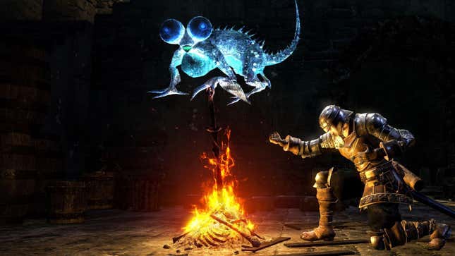 A knight in Dark Souls kneels at a bonfire as a basilisk, a lizard-like creature with a giant pair of round eyes on its head, floats above it.
