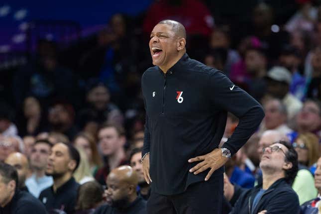 Apr 4, 2023; Philadelphia, Pennsylvania, USA; Philadelphia 76ers head coach Doc Rivers reacts during the fourth quarter against the Boston Celtics at Wells Fargo Center.