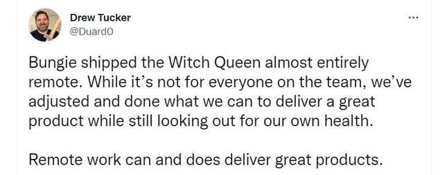 A Bungie developer tweets about remote work.