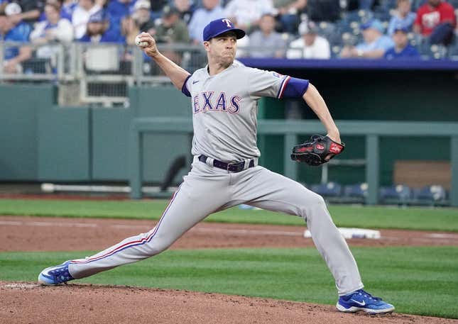 Apr 17, 2023; Kansas City, Missouri, USA; Texas Rangers starting pitcher Jacob deGrom (48) delivers a pitch against the Kansas City Royals during the first inning at Kauffman Stadium.