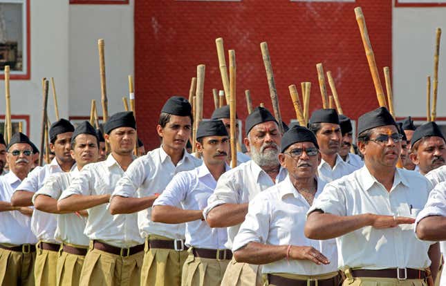 Members of the Rashtriya Swayamsevak Sangh (RSS) march in Bhopal in 2014.