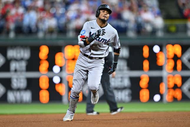 Apr 11, 2023; Philadelphia, Pennsylvania, USA; Miami Marlins second baseman Luis Arraez (3) advances to third after hitting a triple against the Philadelphia Phillies in the sixth inning at Citizens Bank Park.