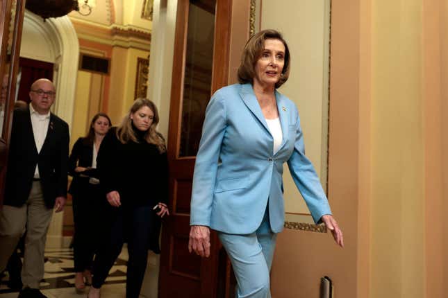 : U.S. House Speaker Nancy Pelosi (D-CA) arrives for the bill enrollment ceremony for the Ukraine Democracy Defense Lend-Lease Act of 2022 at the Capitol Building on May 02, 2022, in Washington, DC.