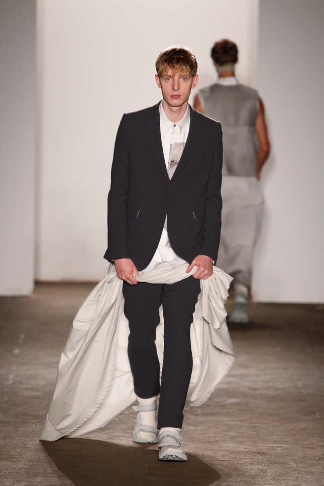 NEW YORK, NY - SEPTEMBER 06: A model walks the runway at the Siki Im spring 2013 fashion show during Mercedes-Benz Fashion Week at Pier 57 on September 6, 2012 in New York City. (Photo by Joe Kohen/Getty Images)
