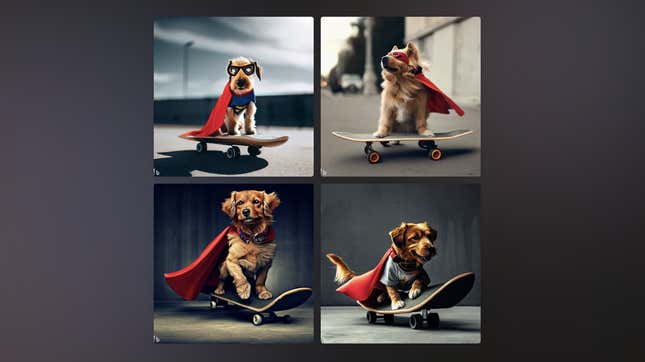 Superhero dogs connected  skateboards.
