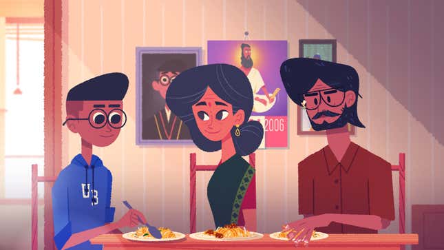 A Venba screenshot shows Kavin, Venba, and Paavalan eating dinner.