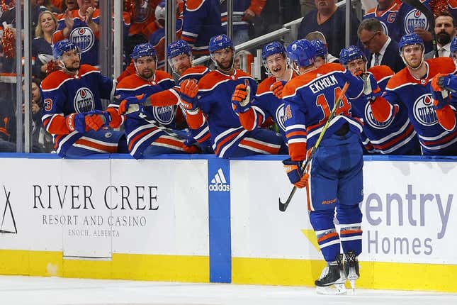 May 10, 2023; Edmonton, Alberta, CAN;The Edmonton Oilers celebrate a goal scored by defensemen Mattias Ekholm (14) during the first period against the Vegas Golden Knights in game four of the second round of the 2023 Stanley Cup Playoffs at Rogers Place.