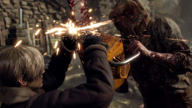 An image of Leon using his combat knife to block a chainsaw's blades.