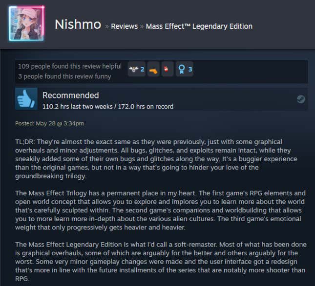 Image for article titled Mass Effect: Legendary Edition, As Told By Steam Reviews