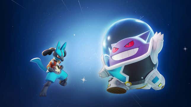 A Gengar and Lucario in Pokémon Unite, wearing space suit skins, otherwise known as holowear.
