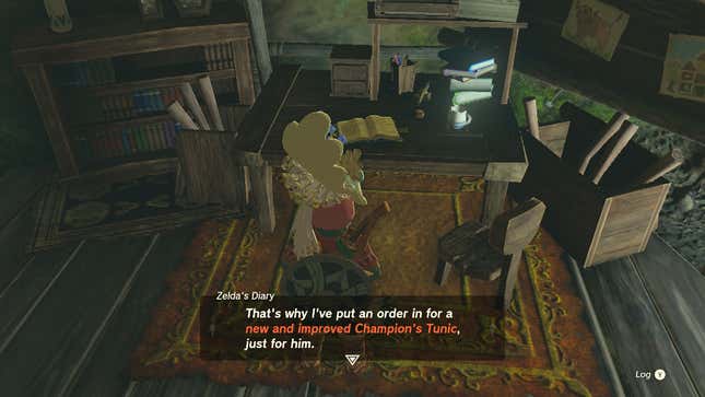 Link reads Zelda's journal and alludes to the location of the new and improved Champion's Tunic.