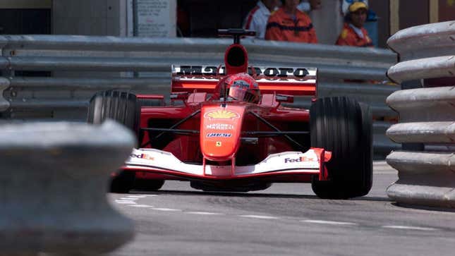 A photo of Michael Schumacher driving his Ferrari F1 car round Monaco in 2001. 