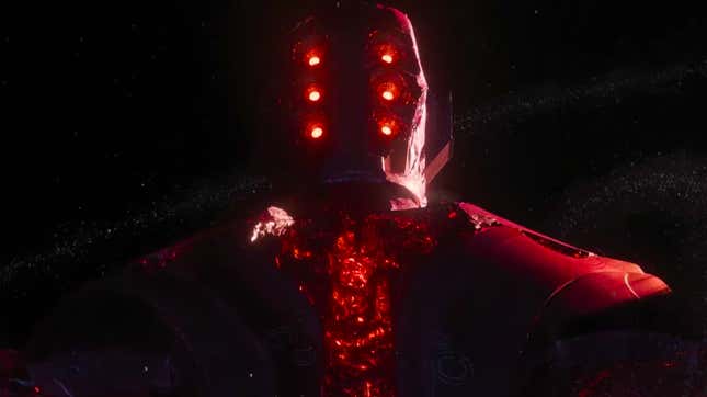 The six-eyed glowing visage of Arishem, one of the oldest and most powerful Celestials.