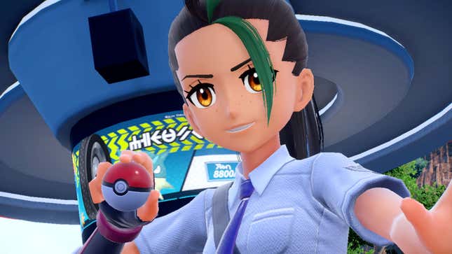 Nemona holds a poké ball in Pokémon Scarlet and Violet versions for Nintendo Switch.